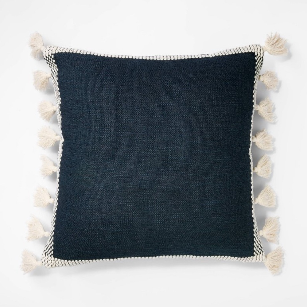 Threshold Woven Square Frame Pillow with Tassels, Navy & Cream | 20”x20”